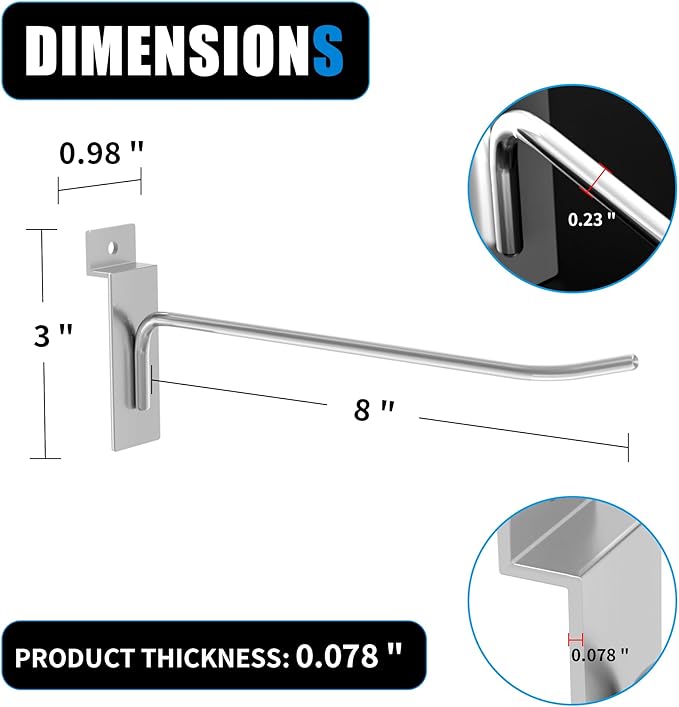 8”Slatwall Hooks,Silvery Slat Wall Display Hook, 25 PCS Slat Wall Panel Accessory Hooks