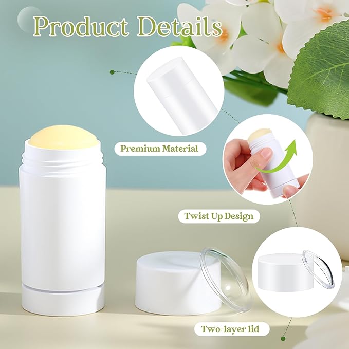 30 Pcs Empty Deodorant Containers Twist up Filling Stick Plastic Deodorant Container Refillable Bottles Bottomfill Round Lip Balm Tubes for Homemade DIY Lipstick Crayon(75 ml,White)