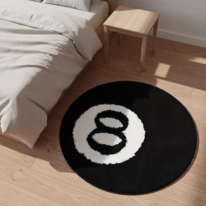 24-Inch Black 8 Ball Rug | Large Round Floor Mat with Cool Eight-Ball Design for Bedroom & Living Room Decor, Ideal Housewarming Gift for Home and Dorm