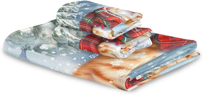 Pfrewn Christmas Winter Towels Set of 3 Cute Cat Wearing Plaid Scarf Bathroom Towel Soft Absorbent Bath Hand Towels Washcloth Guest Towel Sets Xmas Holiday Decor