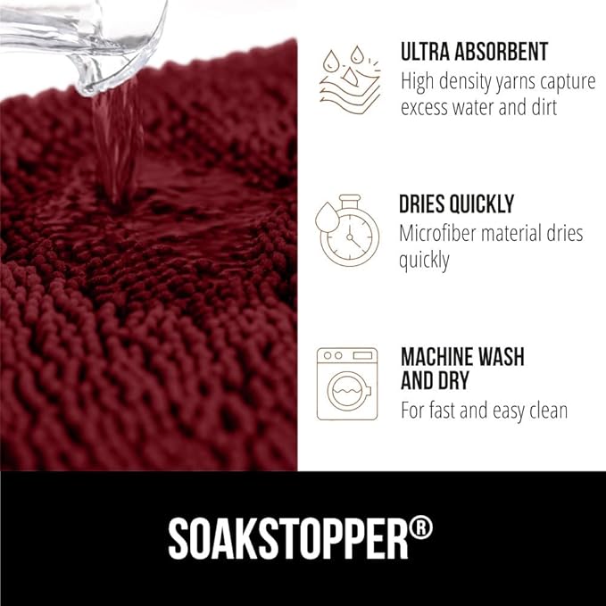 GORILLA GRIP SoakSTOPPER Dog Door Mat, 30x20 Machine Washable Rug Absorbent Doormat Captures Moisture Mud Dirt, Quick Dry Soft Chenille Entryway Rugs Indoor Entrance Mats for Dog Paws, Burgundy