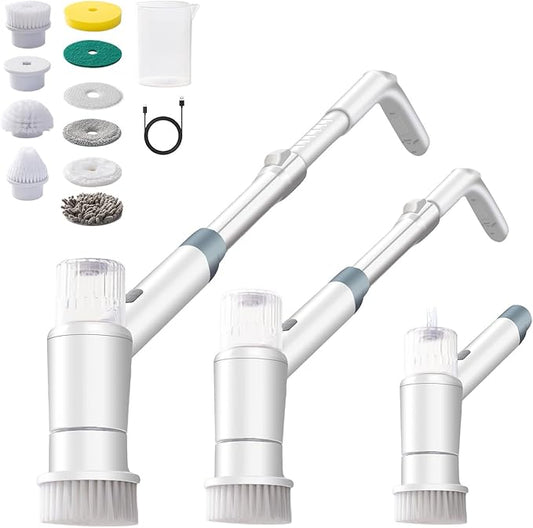 Electric Spin Scrubber,Spray with Foam Cordless Cleaning Brush, 2-Speed Shower Scrubber, Shower Cleaning Brush with 8 Replaceable Brush Heads, Adjustable Removable Handle for Bathroom, Kitchen-White