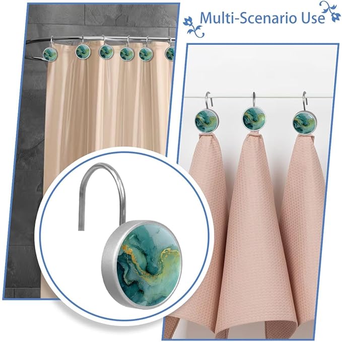 12 Packs Abstract Green Marble Shower Curtain Hooks, Crystal Glass Shower Curtain Rings for Bathroom, Rustproof Metal Curtain Rod Hooks