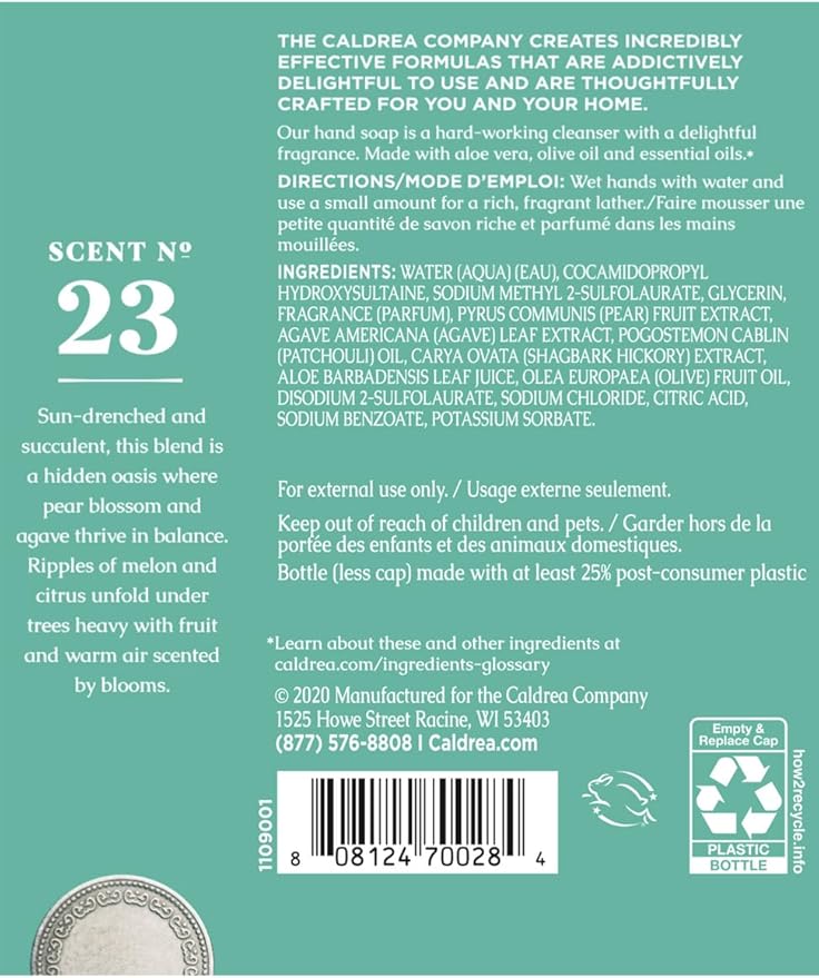 Caldrea Hand Soap Refill, Aloe Vera Gel, Olive Oil And Essential Oils To Cleanse And Condition, Pear Blossom Agave Scent, 32 Oz