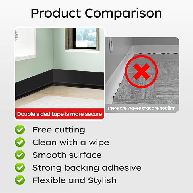 Flexible Baseboard Molding Trim 3 Inch(W) x 40 Feet(L) Self Adhesive Vinyl Wall Base Peel and Stick Cove Base,Rubber Wall Base. (Black)