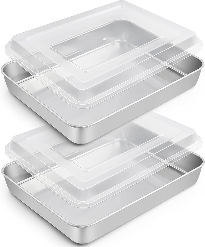 TeamFar Rectangular Cake Pans with Lids, 10.5’’ x 8’’ x 2’’ Stainless Steel Lasagna Brownie Pan For Baking Roasting, Healthy & Solid, Brushed Surface & Dishwasher Safe, (2 Pans+2 Lids)