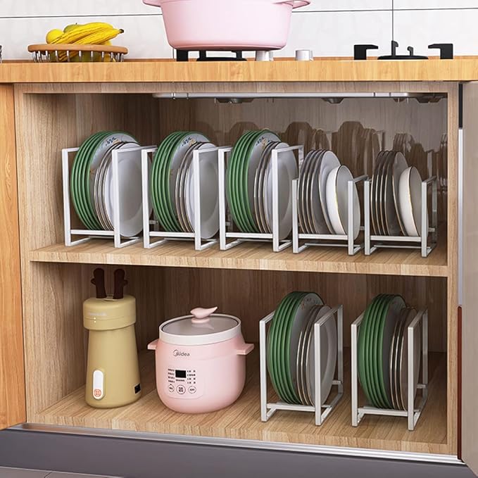 4PCS Plate Holders Organizer, Metal Dish Storage Dying Display Rack for Cabinet, Counter and Cupboard, White, 4 Large