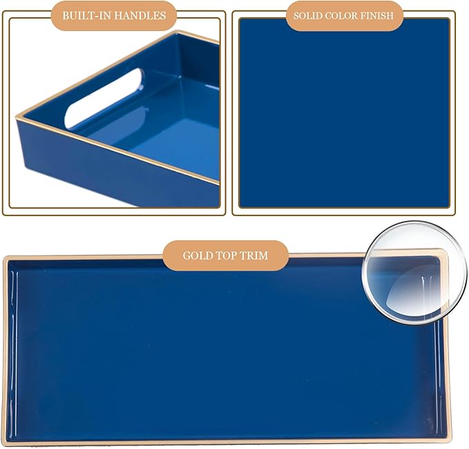 MAONAME Blue Bathroom Tray, Plastic Vanity Trays with Handles, Small Long Narrow Trays, Perfume Organizer Tray for Dresser, Bathroom Accessories, 13.8" x 6" x 1.58"
