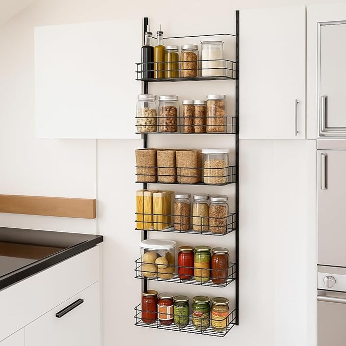 USTECH 6-Tier Heavy Duty Over The Door Pantry Organizer, Metal Hanging Storage Rack with Wired Tubing, Adjustable Shelves for Kitchen, Bathroom, Closet, Space-Saving Design, Black