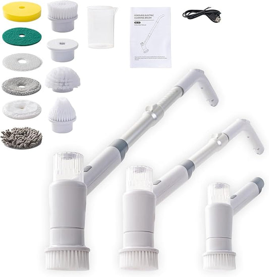 Electric Spin Scrubber,Spray with Foam Cordless Cleaning Brush, 2-Speed Shower Scrubber, Shower Cleaning Brush with 9 Replaceable Brush Heads, Adjustable Removable Handle for Bathroom（White & Grey）
