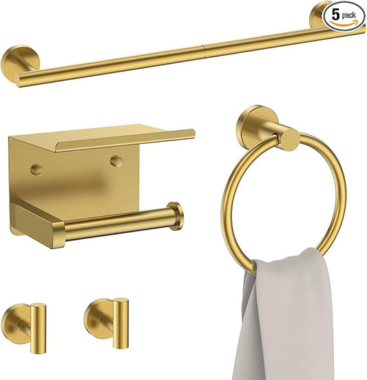 FORIOUS Bathroom Hardware Accessories Set, SUS304 Stainless Steel 24 Inch Towel Bar Set Wall Mounted, Modern Toilet Paper Holder with Shelf for Bathroom, 5 Pieces, Brushed Gold