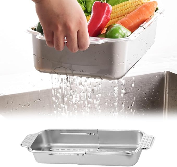 Stainless Steel Extendable Colander Strainer, Metal Washing Basket for Vegetable and Fruit, Easy to Clean, Drain Quickly (L)