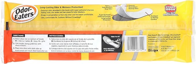 Odor-Eaters Ultra Comfort Insoles, Slim Fit with Activated Charcoal, Odor Destroying Protection, One Size Fits Most,(Pack of 3, Total 9 Pairs)