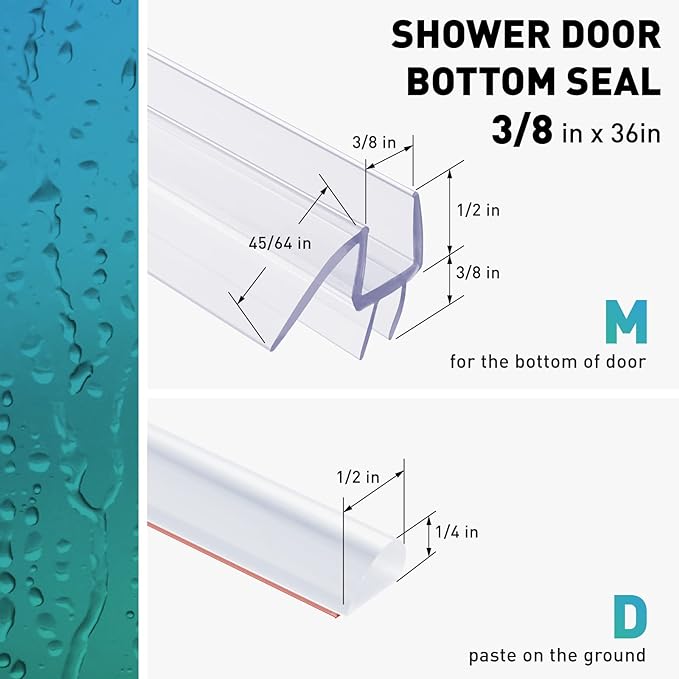 Shower Door Bottom Seal, 2 PCS 3/8" x 36" Shower Door Sweep for 3/8 Inch Glass, Frameless Glass Shower Door Seal Strip, Stop Shower Leaks and Create a Water Barrier