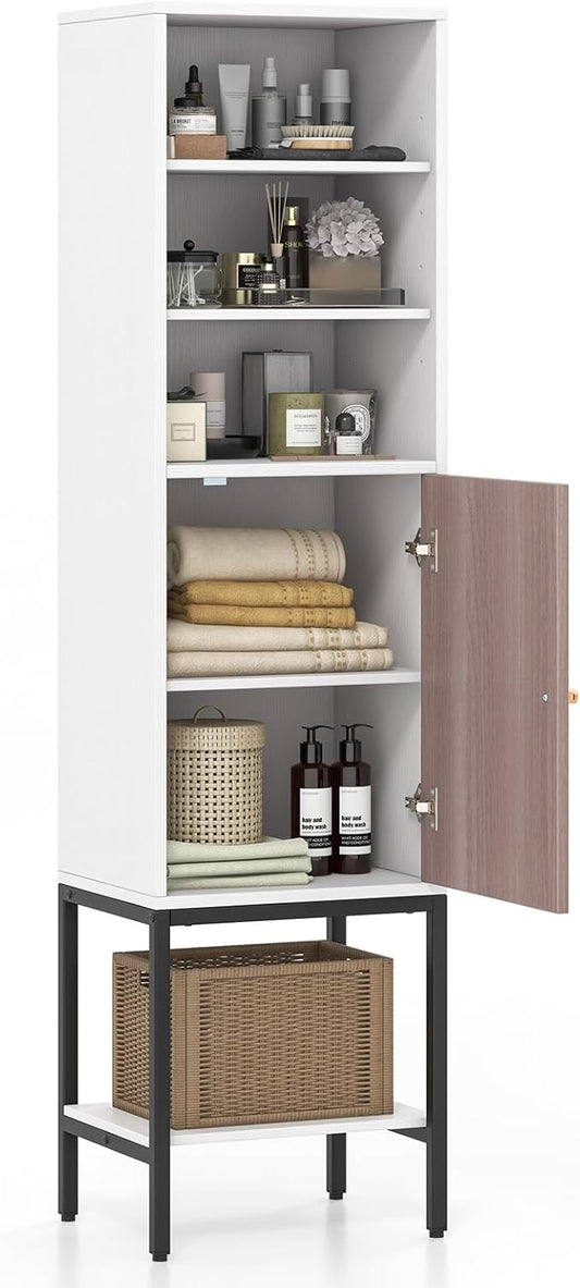 Giantex 57” Tall Bathroom Storage Cabinet, Floor Cabinet with Door, Adjustable Shelves & Foot Pads, Metal Legs, Anti-Tipping Kit, Slim Bathroom Storage Unit for Living Room, Kitchen (White)
