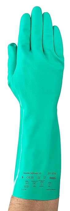 Ansell AlphaTec Solvex 37-175 Flocked Chemical-Resistant Gloves for Cleaning, Agriculture, Food, Mechanics, Oil - Med, Green (3 Pairs)