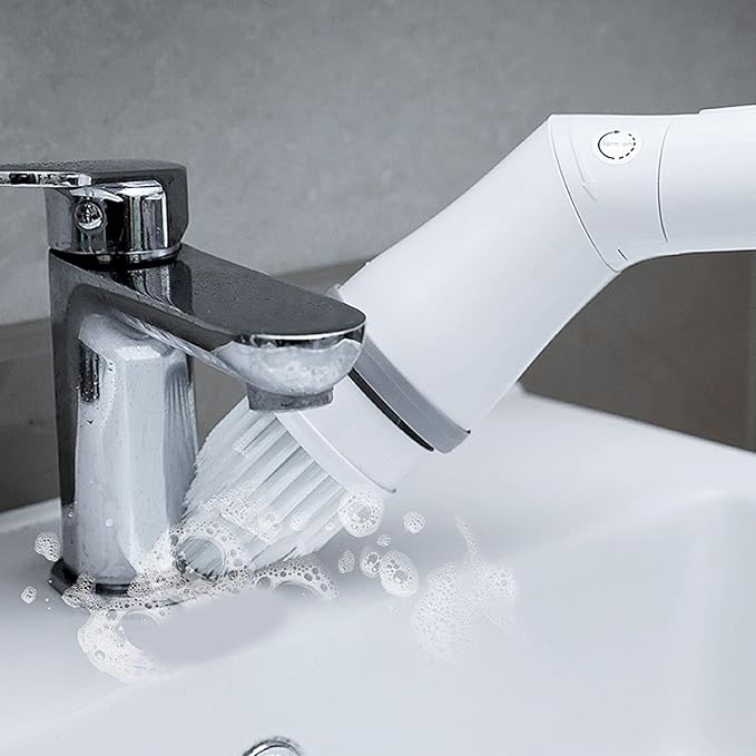 Pilipane Electric Spin Scrubber Cordless Power Cleaning Brush with 6 Replaceable Heads Adjustable Extension Handle for Bathroom Tile Floor Shower Tub White