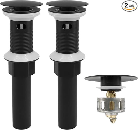 Bathroom Sink Drain,2 Pack Drain Stopper with Overflow,Pop Up Drain Assembly with Detachable Strainer Basket,Built-in Anti-Clogging, Stainless Steel Nut Mattle Black