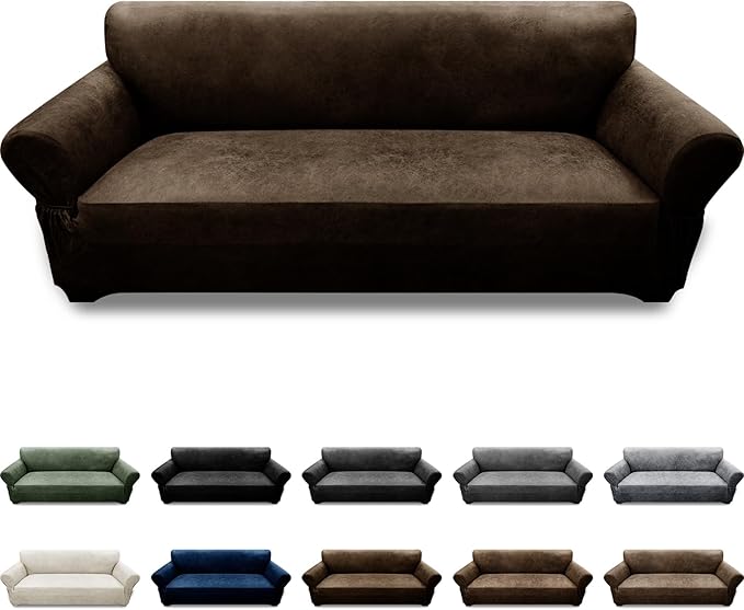 Couch Cover Leather Look 3 Seater Couch Sofa Cover 1-Piece Sofa Slipcover Stretch Furniture Protector with Elastic Bottom & Pockets(Sofa, Coffee)