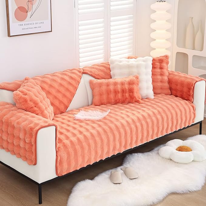Soft Warm Faux Fur Couch Sofa Cover Thick Shaggy Fuzzy Sectional Couch Cover Non-Slip Solid Color Plush Sofa Slipcover Furniture Protector for Kids, Pets (Light Orange,36"x70")