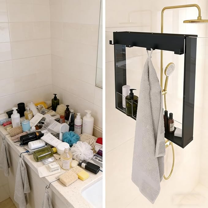 Over the Door Shower Caddy for Glass Door – 20"x16" Stainless Steel Hanging Shelf with Hooks, No-Drilling Frameless Shower Organizer, Rust-Proof Bathroom Storage for Towels & Toiletries