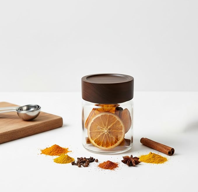 Wide Mouth Glass Storage Jars With 2.5" Acacia Wood Lids - 6 Pack of 6 Oz Food Storage Containers - Borosilicate Glass Canisters Sets For Kitchen - Pantry Organizers and Storage for Flour Rice Coffee