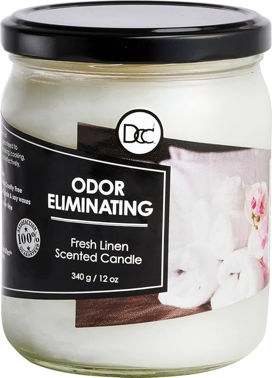 Fresh Linen Odor Eliminating Highly Fragranced Candle - Eliminates 95% of Pet, Smoke, Food, and Other Smells Quickly - Up to 80 Hour Burn time - 12 Ounce Premium Soy Blend