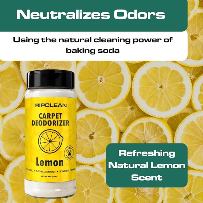 Ripclean Carpet Deodorizer & Freshener Cleaning Powder, Odor Eliminator for Strong Odors & Homes w/Pets, Safe around Kids & Pets, Use on Carpet, Rugs, Upholstery & More (16 Ounce, Lemon)
