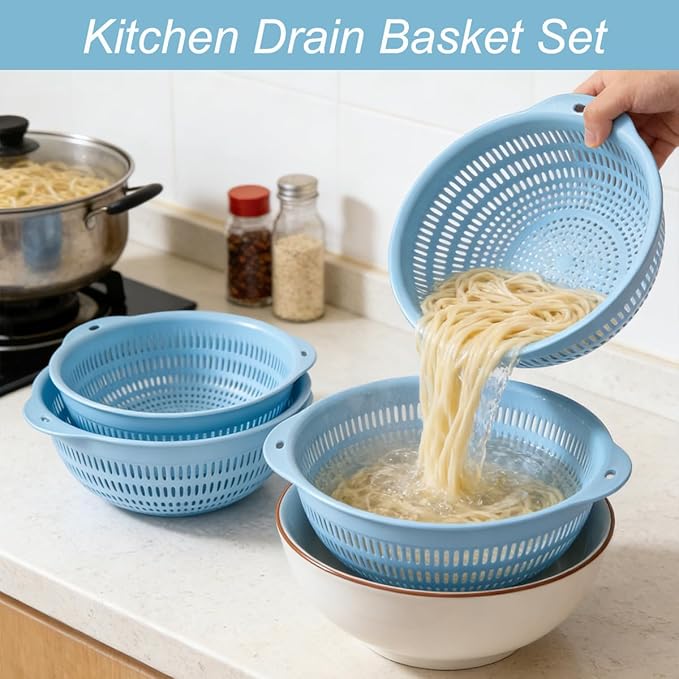 Plastic Wash Basket Round Perforated Colander Wash Vegetables and Fruits Drain Cooked Pasta Kitchen Essentials Food Strainer Basket Strainer Kitchen Blue Yellow green red (3PCS-Blue)