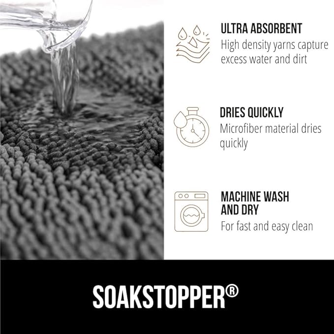 GORILLA GRIP SoakSTOPPER Dog Door Mat, 35x24 Machine Washable Rug Absorbent Doormat Captures Moisture Mud Dirt, Quick Dry Soft Chenille Entryway Rugs Indoor Entrance Mats for Dog Paws, Grey