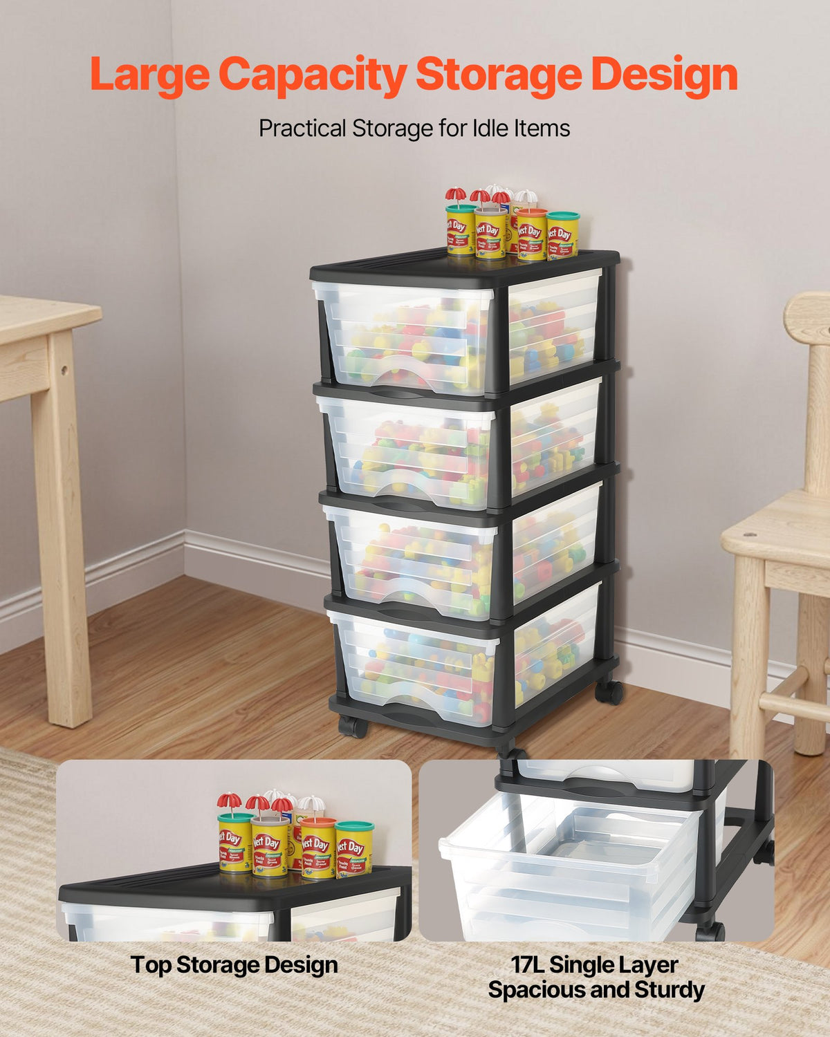 Plastic Storage Drawers Cart, 4 Drawers Storage Organizer With Wheels, Rolling Closet Organization And Storage Dividers, Dresser Organizer Clear Bins For Office Supplies, Craft Roo - Image 3
