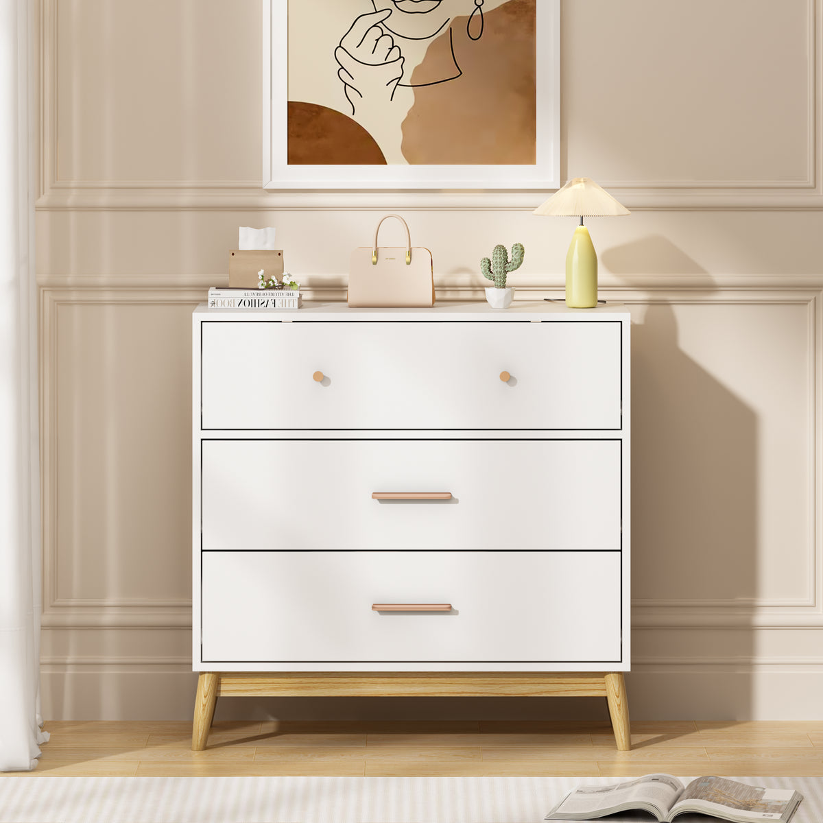 Nordic Style 3-Drawer Storage Cabinet, Modern White Chest Of Drawers With Rose Gold Handles & Solid Wood Base, Small Space Organizer For Office, Kids Room, Nursery - Image 5