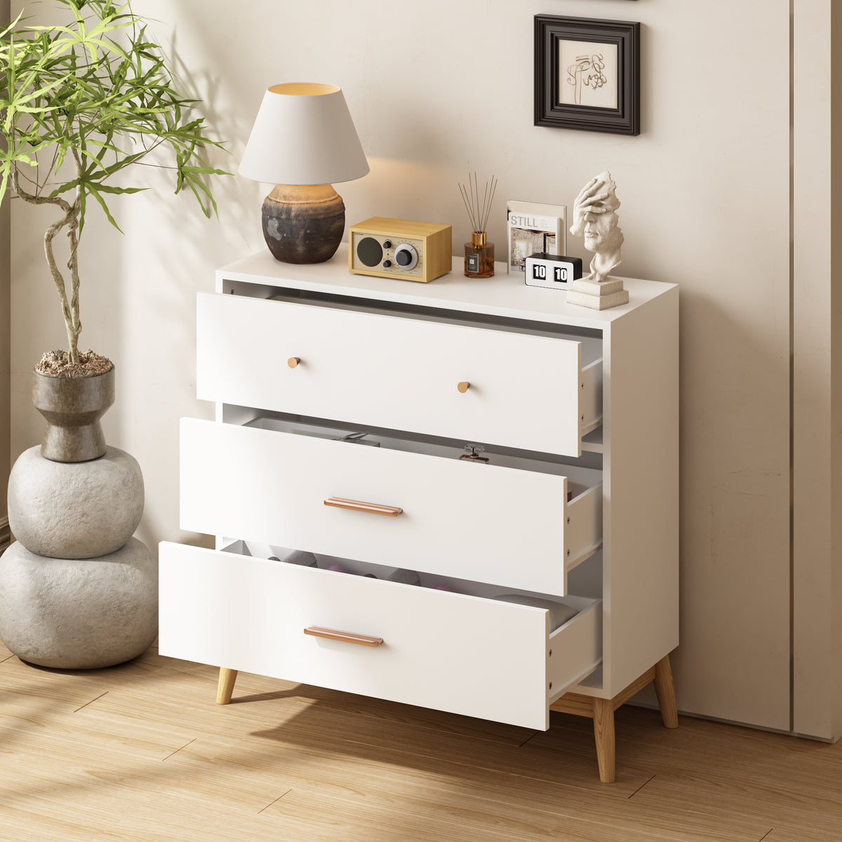 Nordic Style 3-Drawer Storage Cabinet, Modern White Chest Of Drawers With Rose Gold Handles & Solid Wood Base, Small Space Organizer For Office, Kids Room, Nursery - Image 3