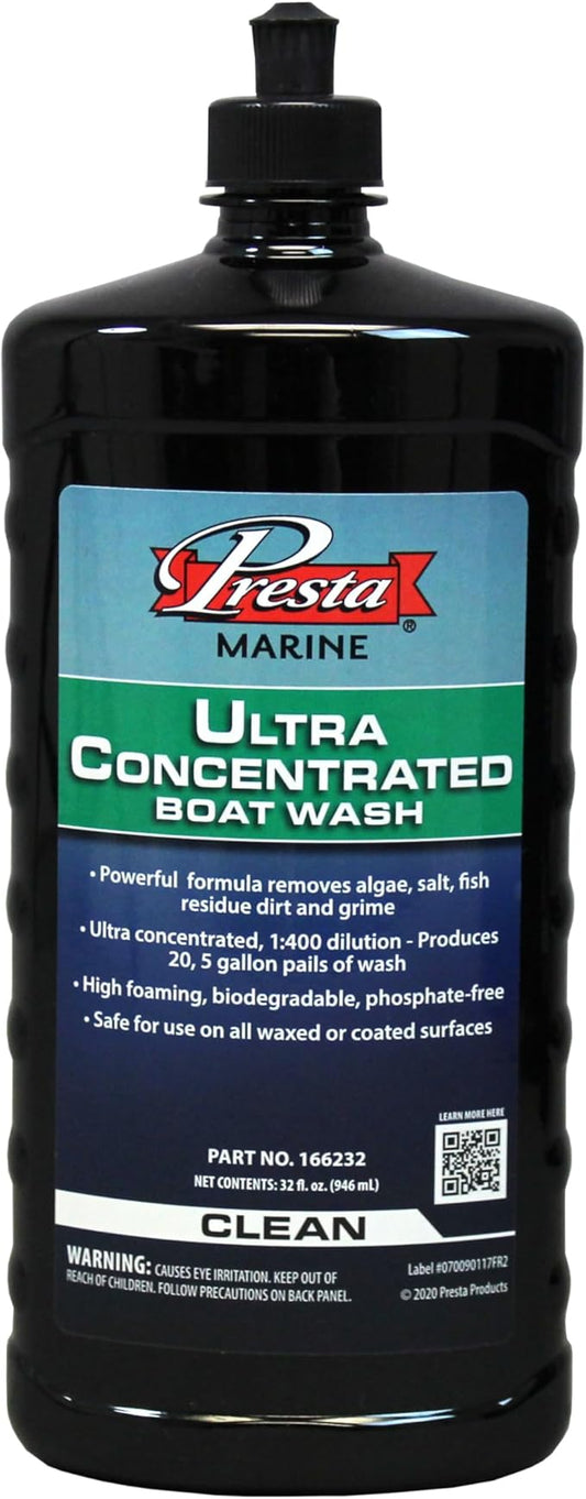 Presta Ultra Concentrated Boat Wash - Powerful Boat Wash Formula Perfect for Fiberglass, Gelcoat & Marine Finishes/Cleans Dirt, Grime, & Water Lines/Safe for Use in Marina / 32oz (166232)