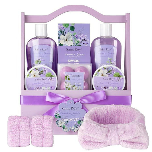 Bath and Body Gift Basket Set for Women - Jasmine Valentines Day Gifts for Women, Spa Gift Basket 13-Piece Bath Gift Set, Gift Set for Ladies Body & Bath Gifts Set Lavender Gift Baskets For Mom