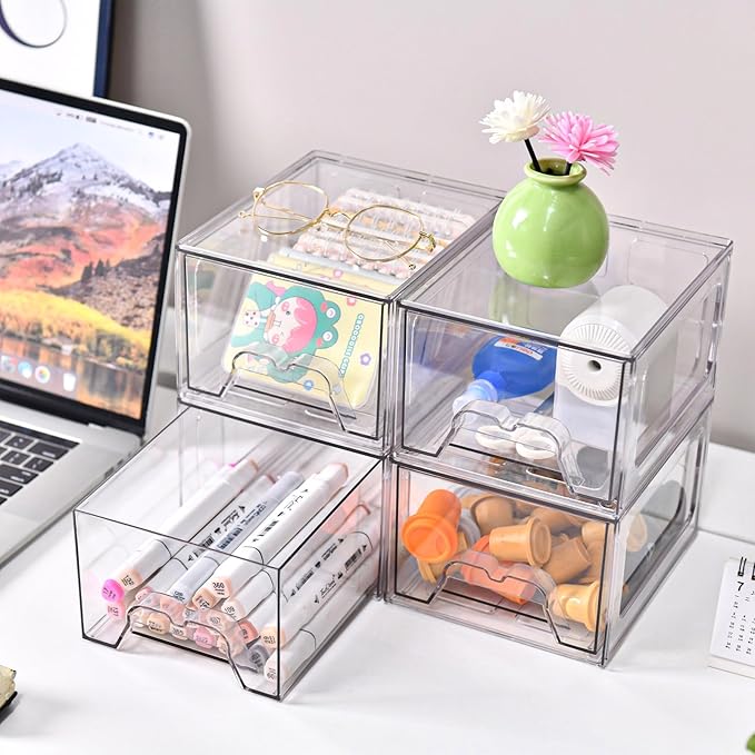 8 Pack Stackable Makeup Organizer, 4.4'' Tall Acrylic Bathroom Makeup Organizer and Storage Drawer with Pull-out Handle, Clear Plastic Storage Bins for Vanity,Pantry,Desk,Undersink,Kitchen
