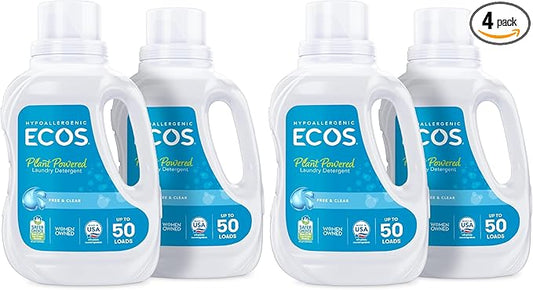 ECOS Laundry Detergent Liquid,100 Loads - Dermatologist Tested Laundry Soap - Hypoallergenic,EPA Safer Choice Certified,Plant-Powered - Free & Clear,50 Fl Oz,(Pack of 4)