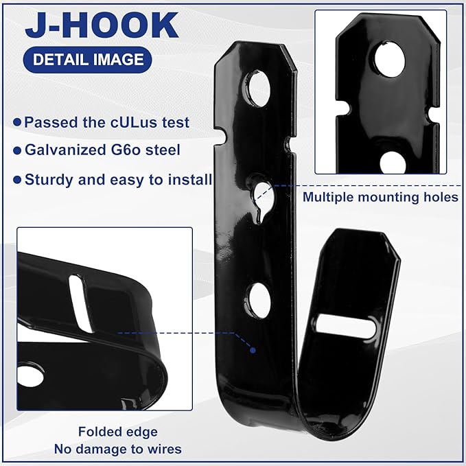 Zonon Black Cable Support J Hooks for Hanging Heavy Duty Metal J Hook for Cable and Wire Management Galvanized Steel(3/4 Inch)