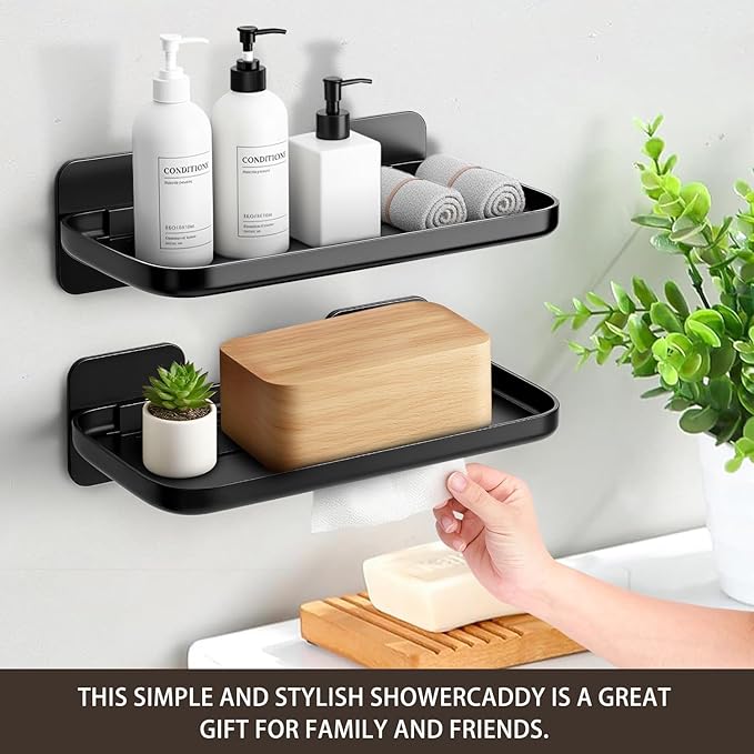 2 Pack Adhesive Floating Shelves No Drill Small Floating Shelf for Wall Storage Damage-Free Wall Mounted Organizer for Bathroom, Kitchen, Bedroom & Office (Black-4pcs)