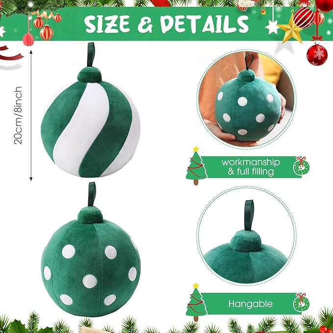 2 Pcs Christmas Pillows 7 Inch Round Christmas Ornament Shaped Throw Pillow Cute 3D Ball Xmas Throw Cushion Decoration for Bed Couch Sofa Chair Living Room(Green and White)
