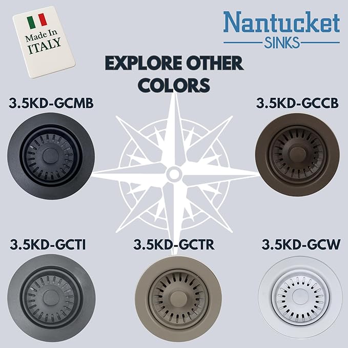 Nantucket Sinks 3-1/2 Basket Strainer Kitchen Drain Assembly Kit for Granite Composite Sinks, Matte Black, Made in Italy 3.5KD-GCMB