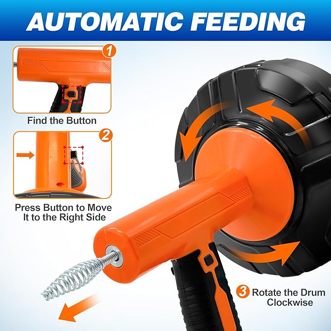 Auto Feed Drain Auger with Gloves, 33 Ft Drain Snake Hair Clog Remover, Heavy Duty Plumbing Snake Drain Clog Remover for Bathroom Sink, Bathtub Drain, Shower Cleaning