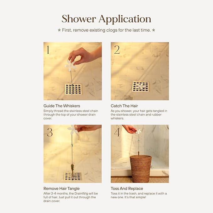 DrainWig Shower Drain Hair Catcher – Disposable White Flower (2-Pack) – No-Touch Hair Removal for Flat Shower Drains – As Seen on Shark Tank