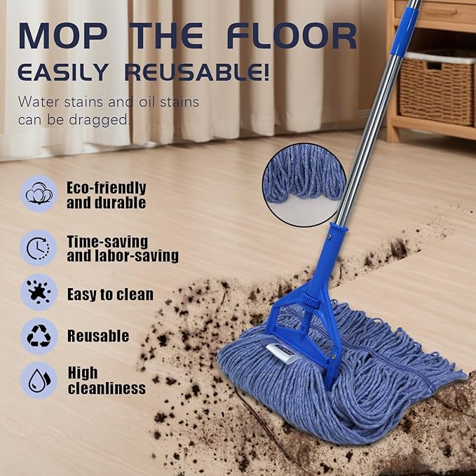 Commercial Cotton Mop Heavy-Duty Industrial with 2 Replacement Heads 152 cm Handle Replacement mop Head (Blue)