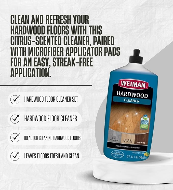 2x Weiman Professional Citrus Scent Hardwood Floor Cleaner Liquid 32 oz Bundle with Microfiber Applicator Pads – Floor Cleaner and Mop Solution for Hardwood, Laminate, Vinyl – Gift Set (3 Items)