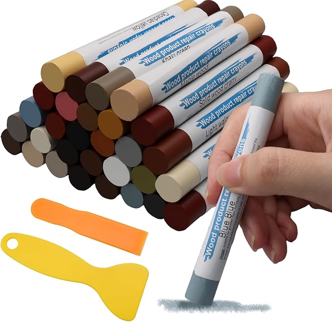 Zorfeter 30 Pack Wood Filler Sticks with 2 Scrapers, 30 Colors Wood Wax Crayons Furniture Repair Kit, Scratch Repair Crayons for Floors Cabinets Tables Doors