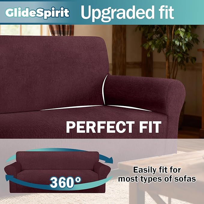Waterproof Couch Cover, Stretch Non-Slip Oversized Sofa Slipcover with Elastic Bottom Stay-in-Place - Leakproof Furniture Protector for Kids & Pets - Washable (Oversized Sofa, Burgundy)
