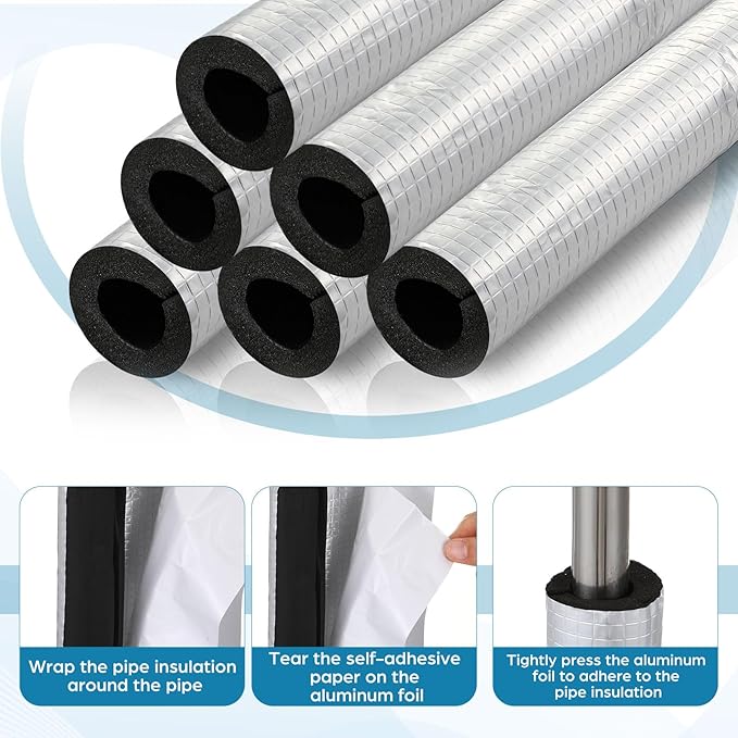 Tondiamo 8 Pcs 3 ft Pipe Insulation Foam Tube Self Adhesive Insulation Foam Wrap with Aluminum Foil Tape Water Tubing Cover for Outdoor Winter Irrigation, Spigot, Sprinkler Protection(1.5 Inch)