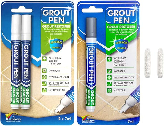 Grout Pen Tile Paint Marker: Grey 1 Pack and 2 Pack White with Extra Tips (Narrow, 5mm) - Waterproof Tile Grout Colorant Marker for Cleaner Looking Floors & Whitener Without Bleach