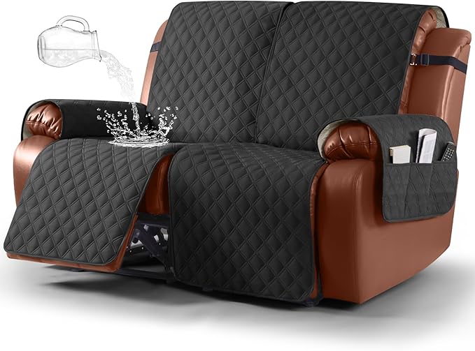 Ruaozz Waterproof Recliner Sofa Covers, 1-Piece Couch Covers for Reclining Couches Reclining Couch Cover Washable Furniture Protector with Elastic Straps Pocket for Kids Pets (Black, 2 Seater)